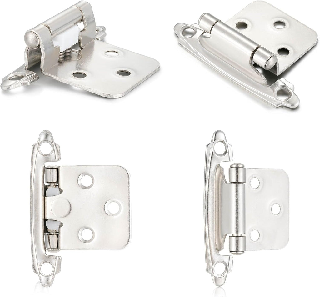 4 Pack (2 Pair) Brushed Satin Nickel Self Closing Cabinet Hinges for Flush Mount Kitchen Cabinet Door, 1/2" Overlay