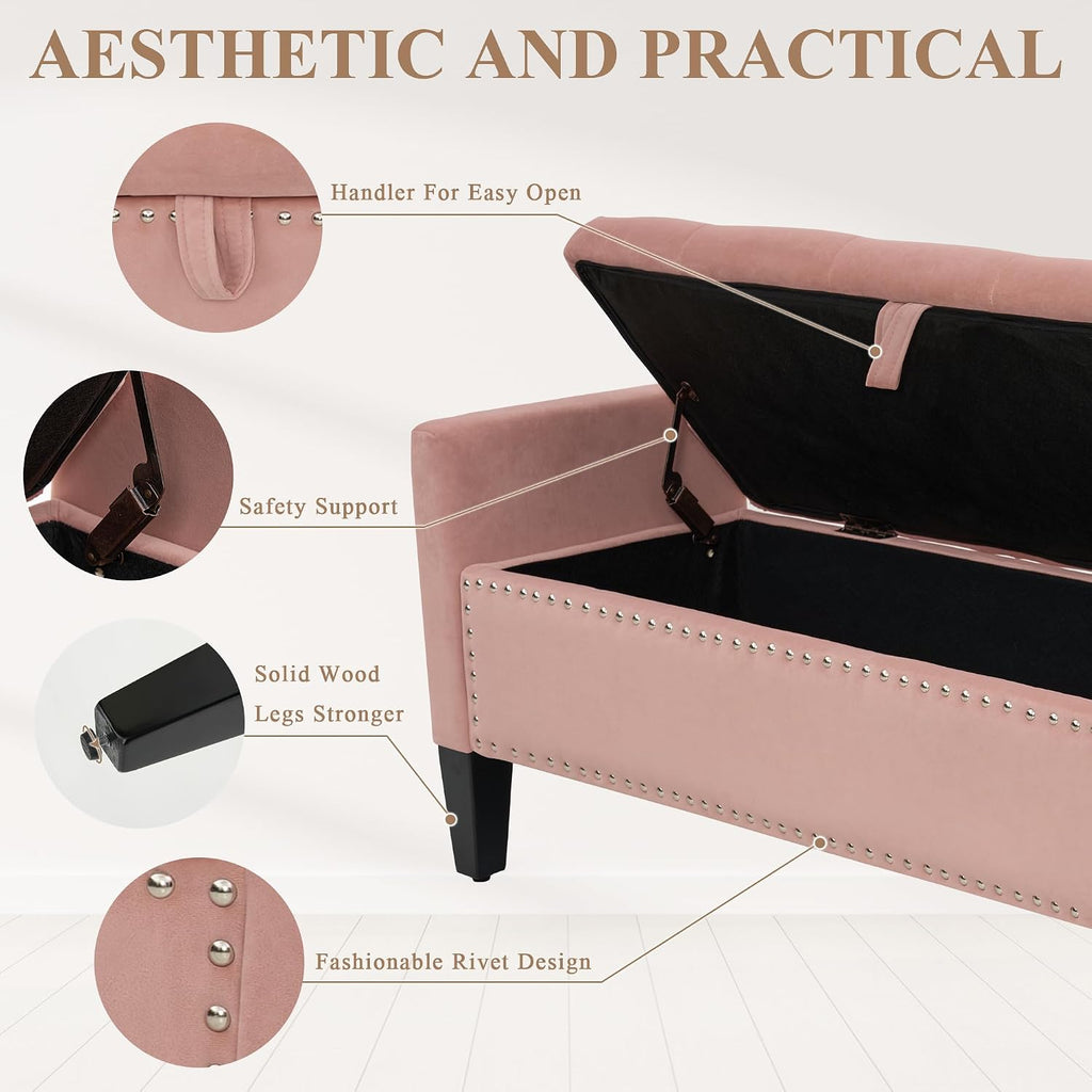 Velvet Ottoman with Storage, 46'' Upholstered Button Tufted End of Bed Bench with Arms, Modern Storage Bench , Pink