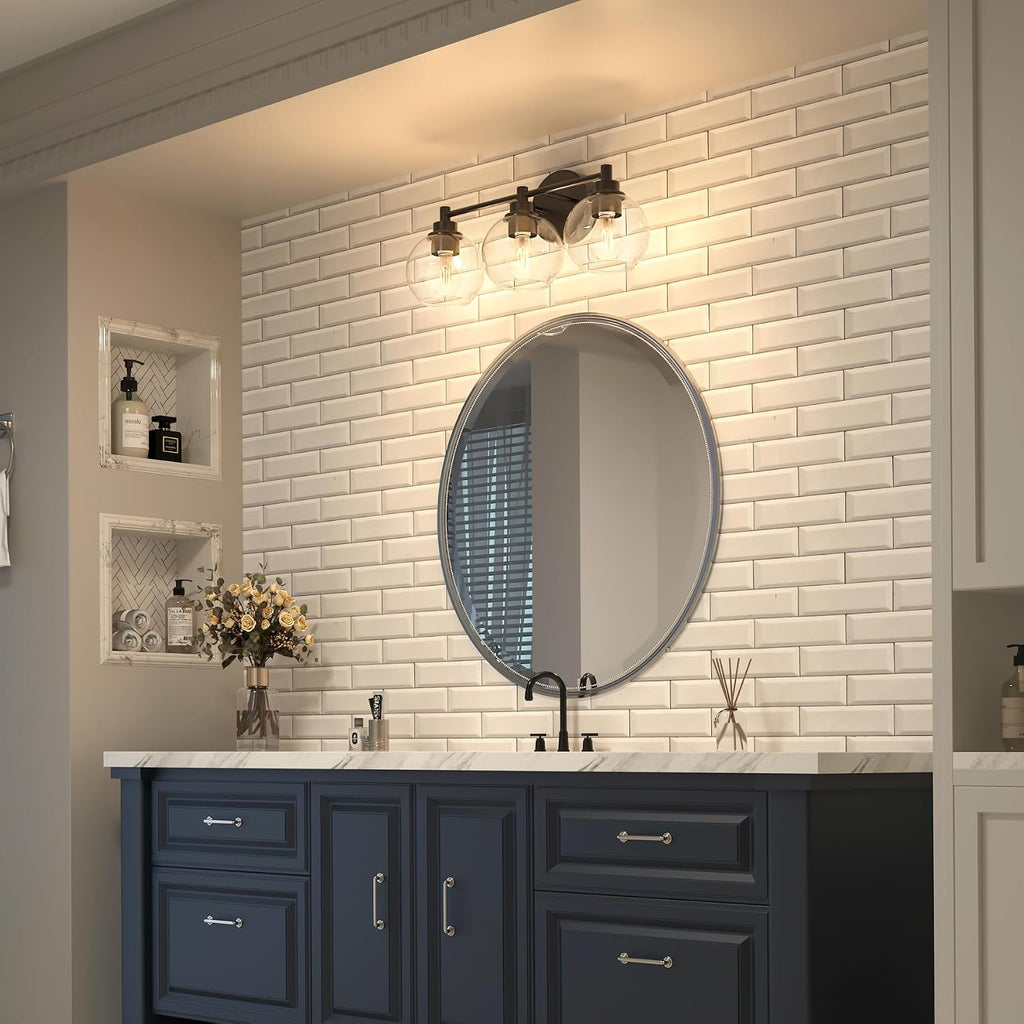 3 Light Bathroom Vanity Light Fixtures, Black Finish | Globe Glass Shades, E26 Sockets, Easy to install, Vanity