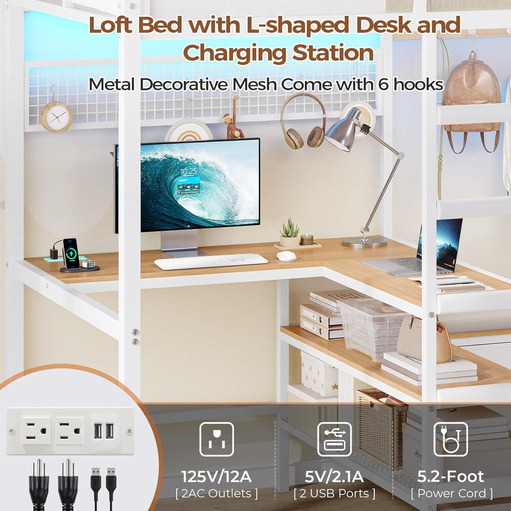 Twin Loft Bed with L-Shaped Desk, Storage Shelves and Charging Station Twin Metal Loft Bed with LED Lights and Coat