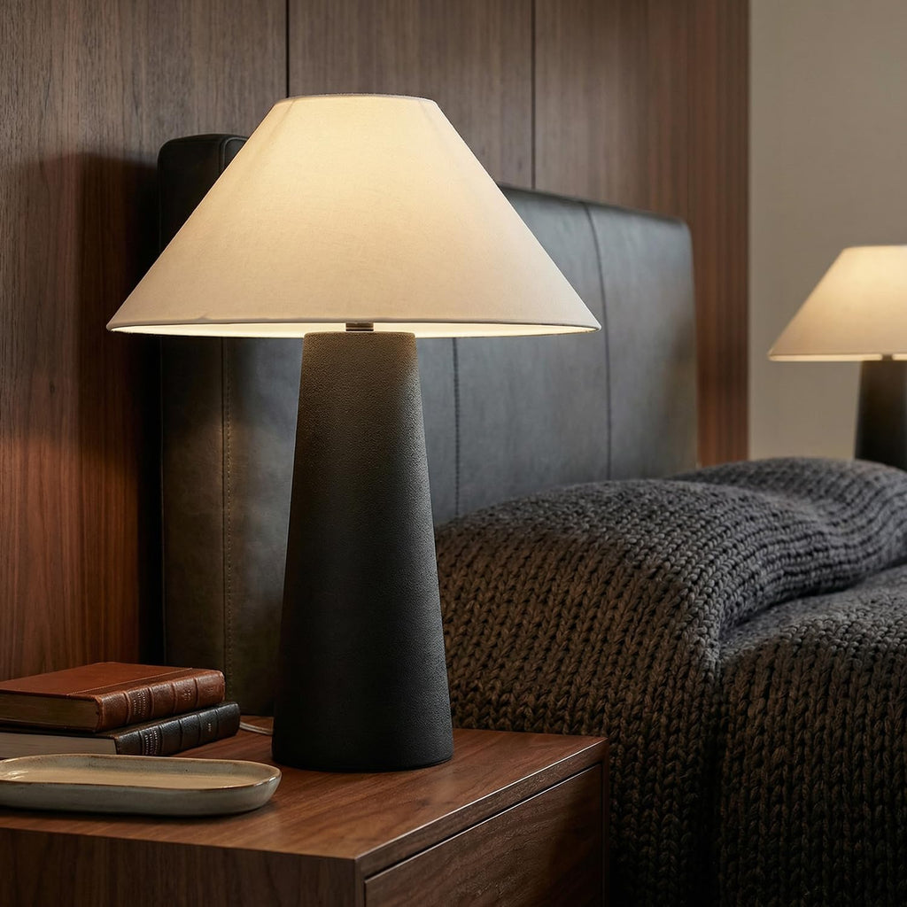 Novogratz x 18" Ceramic Table Lamp, Matte Black, Off-White Tapered Fabric Shade, in-Line Rocker Switch