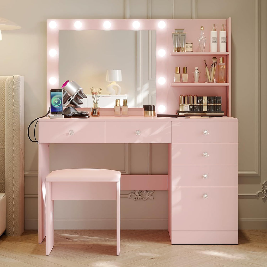 47" Vanity with Outlet - Makeup Vanity Desk with Mirror, Storage Shelves and 6 Drawers, 3-Color Light, Makeup Desk
