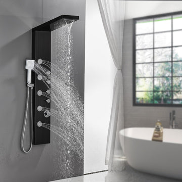 4-in-1 Rainfall Waterfall Shower Panel Tower System, Black