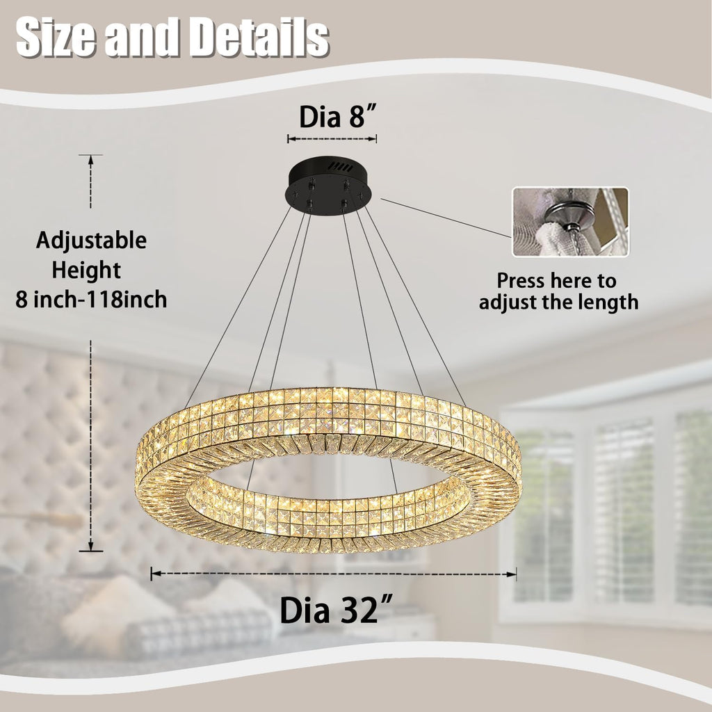 Dia 32" Ring Crystal Chandelier Modern Black Ring Chandelier Adjustable Height Luxury Crystal Pendant Ceiling Light Fixture for Dining Living Room Bedroom