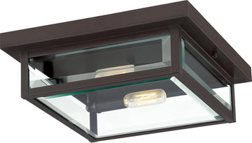 Westover 12" Outdoor Flush Mount Ceiling Light, 2-Light Western Bronze with Clear Beveled Glass, E12 Base