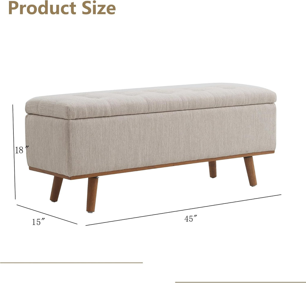 Storage Ottoman Bench, 45" End of Bed Bench, Beige | Hidden Storage Space, Linen Upholstery, Padded Cushion Top