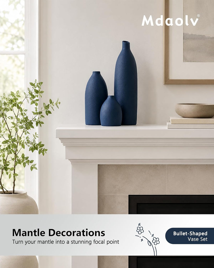 Matte Blue Vase Set Navy Blue Decor Coastal Decor Vases