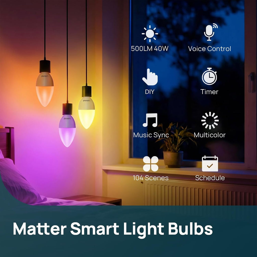 Matter Smart Light Bulbs, E12 Led Bulb Compatible with Alexa, 500LM Smart Bulbs for Chandelier, Color Changing RGBTW (2 Pack)
