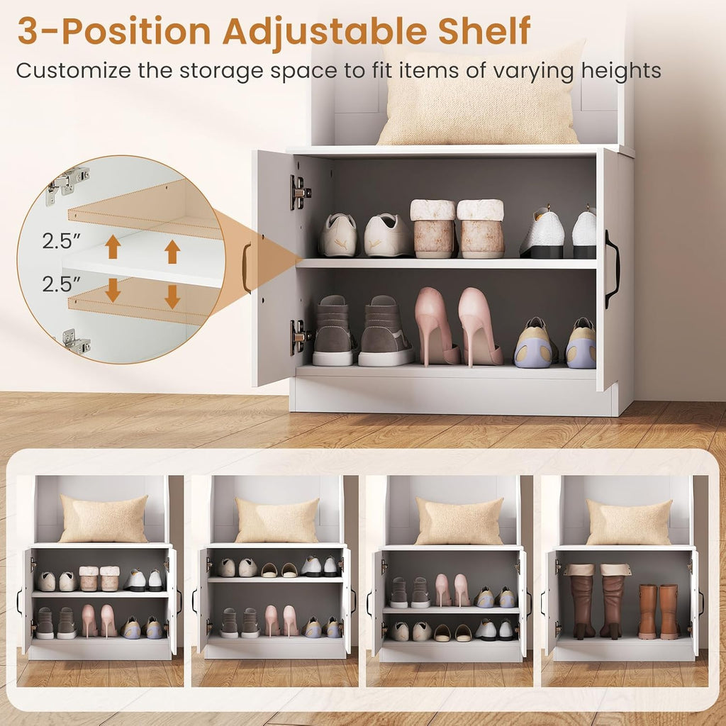 3-in-1 Hall Tree with Bench and Shoe Storage, 23.5" Tall Coat Rack with Adjustable Shelves, 4 Hanging Hooks, 2-Door