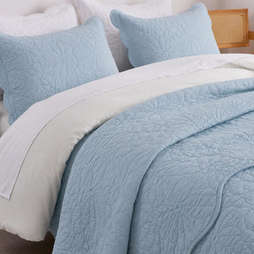 Cotton Floral Stitch Quilt Set Twin Blue Scallop Coverlet 2PC