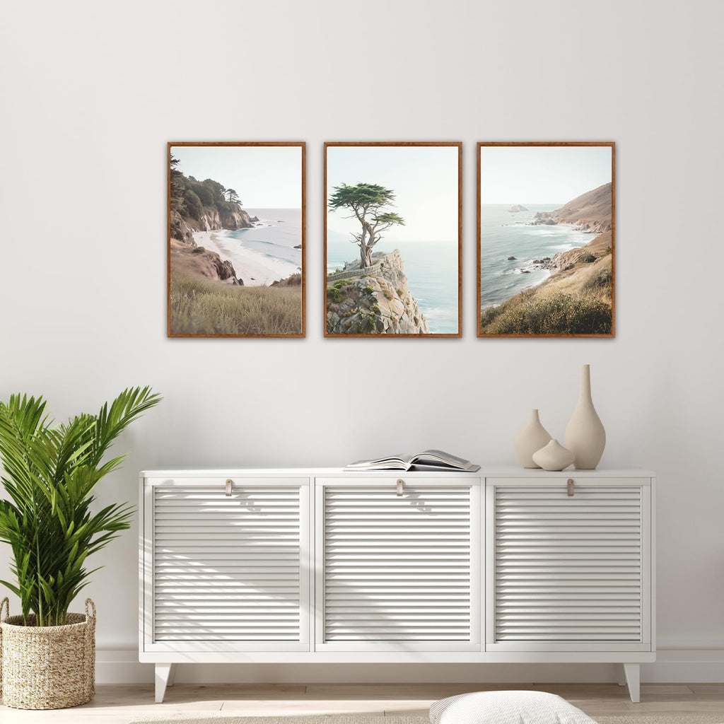 Coastal Seascape Framed Canvas Wall Art set of 3(12"X16")beauty steep Cliffs Beach Wall Decor,coastal palm tree