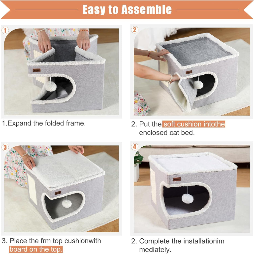 Cat Bed for Indoor Cats Cube House, Covered Cat Cave Beds & Furniture with Scratch Pad and Hideaway Tent
