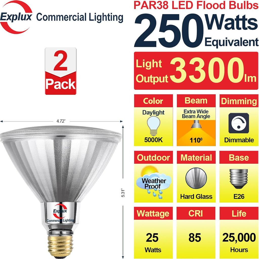 Full Glass PAR38 Outdoor Flood Light, 250W Equivalent, 5000K, 2-Pack | Best-in-Class 3300 Lumens, Full Glass Outdoor