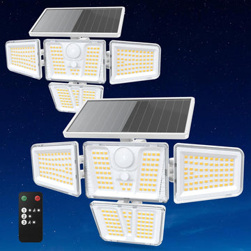 Solar Lights Outdoor White,3600LM Motion Sensor Outdoor Lights | 4 Heads 270° Solar Flood Lights Outdoor, Remote & 3