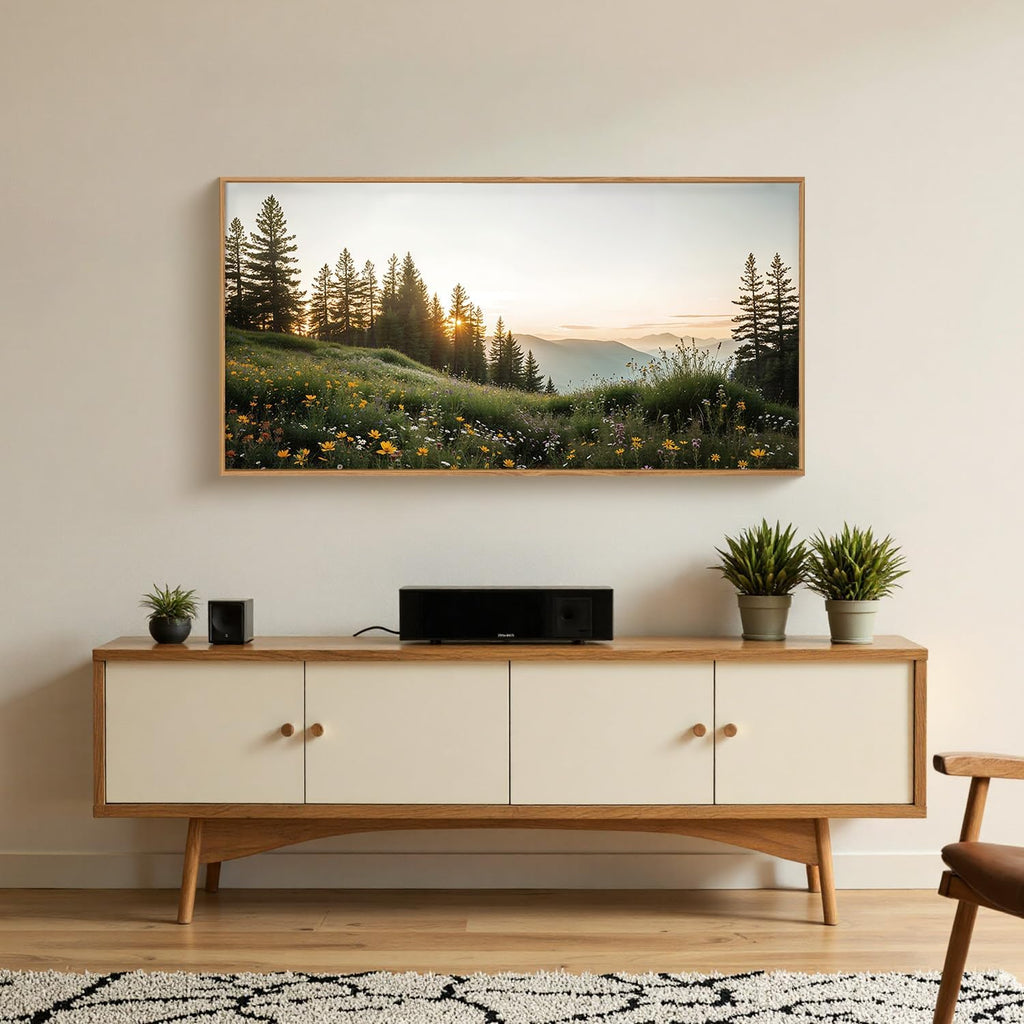 Green Forest Mountain Framed Canvas Wall Art Set, Wildflower Meadow Wall Decor, Floral Pictures Artwork, Nature
