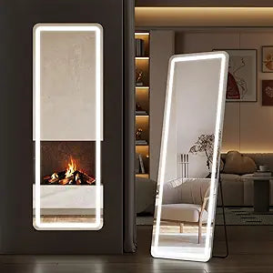Full Length Mirror with Led Lights, 61"X17" Lighted Full Body Floor Mirror with Dimming & 3 Color Lighting, Stand,