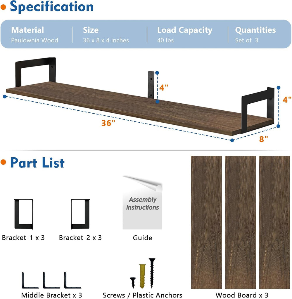 Floating Shelves for Wall 36 Inches Long 8 Inch Deep, Large Wall Book Shelves , Rustic Wood Hanging Bookshelf Office