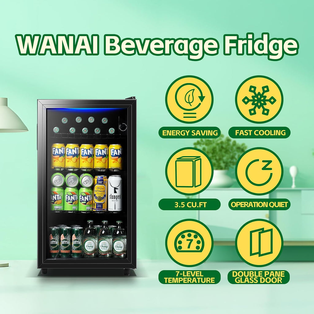 Beverage Refrigerator Cooler 3.5 Cu.Ft, 120 Can Mini Small Fridge with Glass Door LED Light and Adjustable Shelves for Soda Beer or Wine, Perfect for Home Bar Office, Black