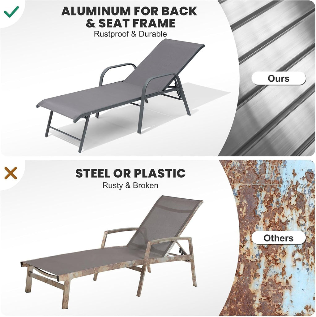 Chaise Lounge Outdoor, Aluminum Pool Lounge Chairs Set of 2 (Gray) | 5-Position Adjustable Backrest with Armrests