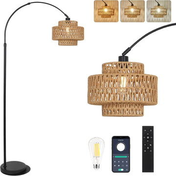 Arc Floor Lamp, Boho Rattan Floor Lamp with Remote, Black Standing Lamp with Dimmable Blub Timer
