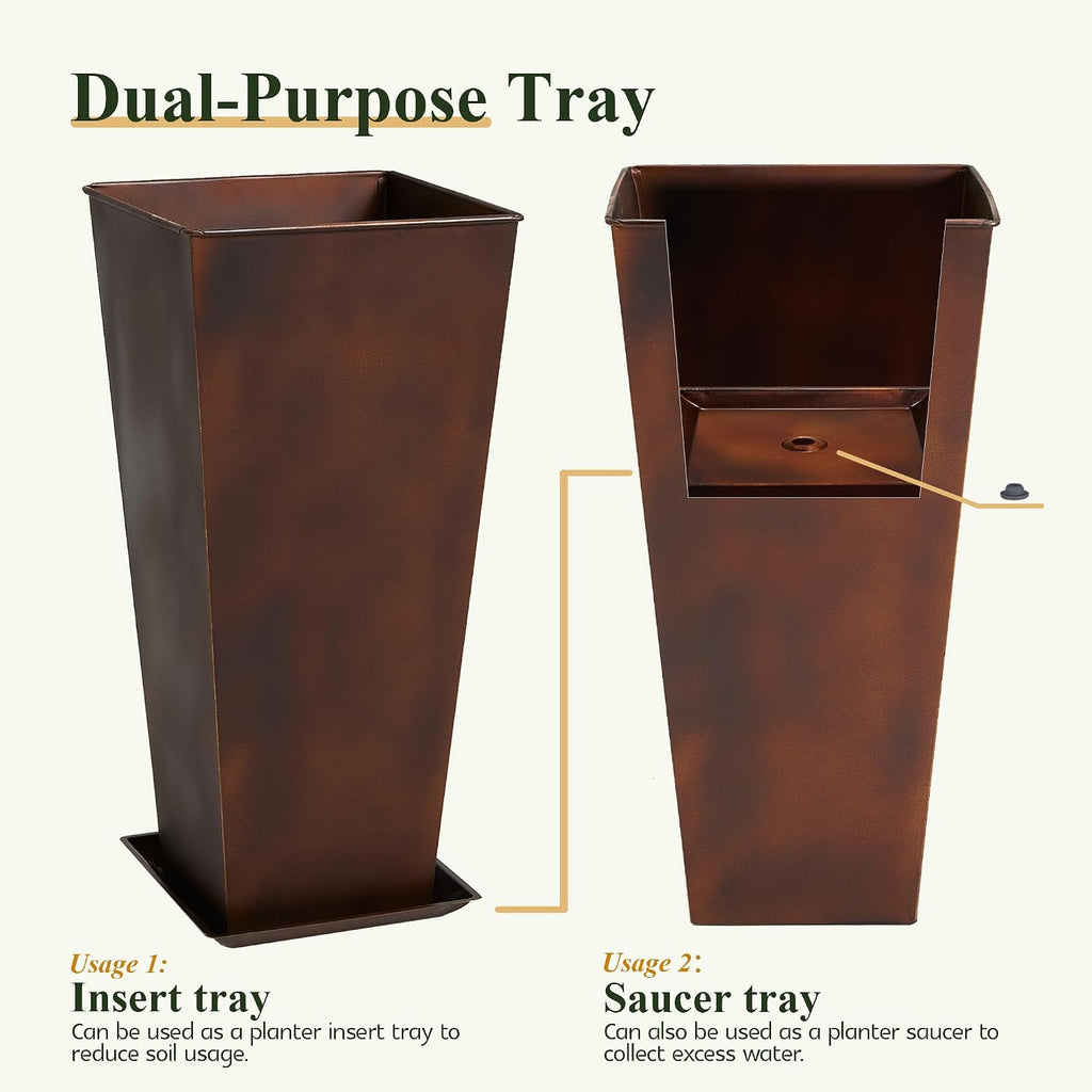 12" Dia x 28" H Large Metal Planter Set of 2, Matte Bronze Retro Finish Tall Square Tapered Steel Plant Pots, Decor