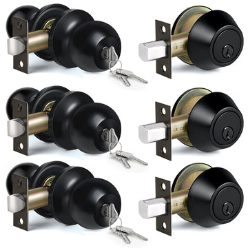 3 Pack Exterior Door Knob with Key Lock and Deadbolt, Keyed Alike
