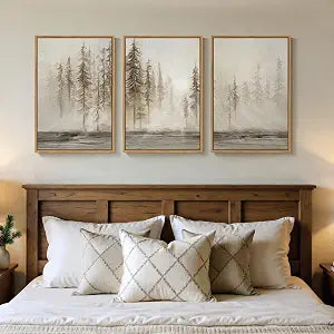 Framed Neutral Abstract Pine Tree Landscape Wall Art Bedroom, 16x24 Inch