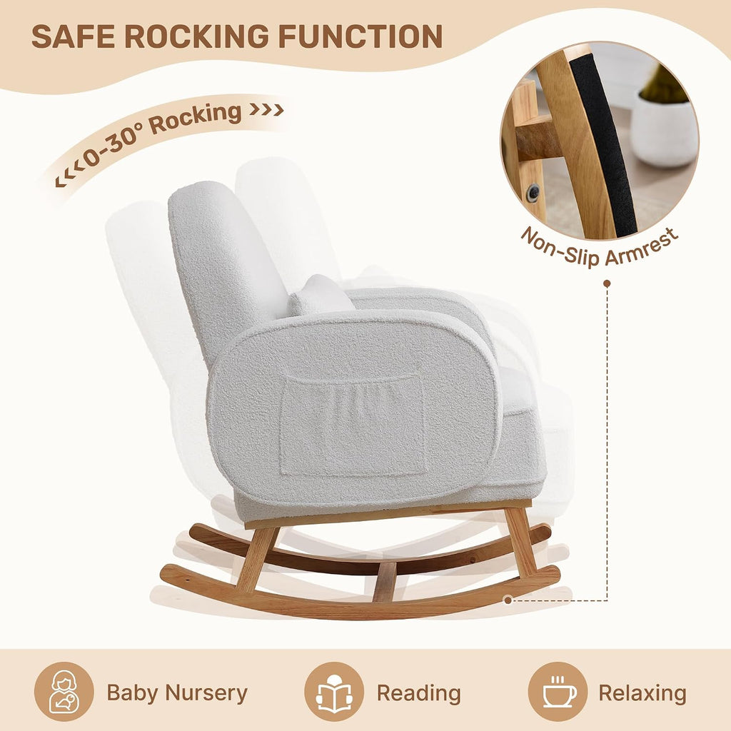 Rocking Chair Nursery with Ottoman Footrest, Upholstered Glider Rocker with High Backrest and Side Pocket, Rocking