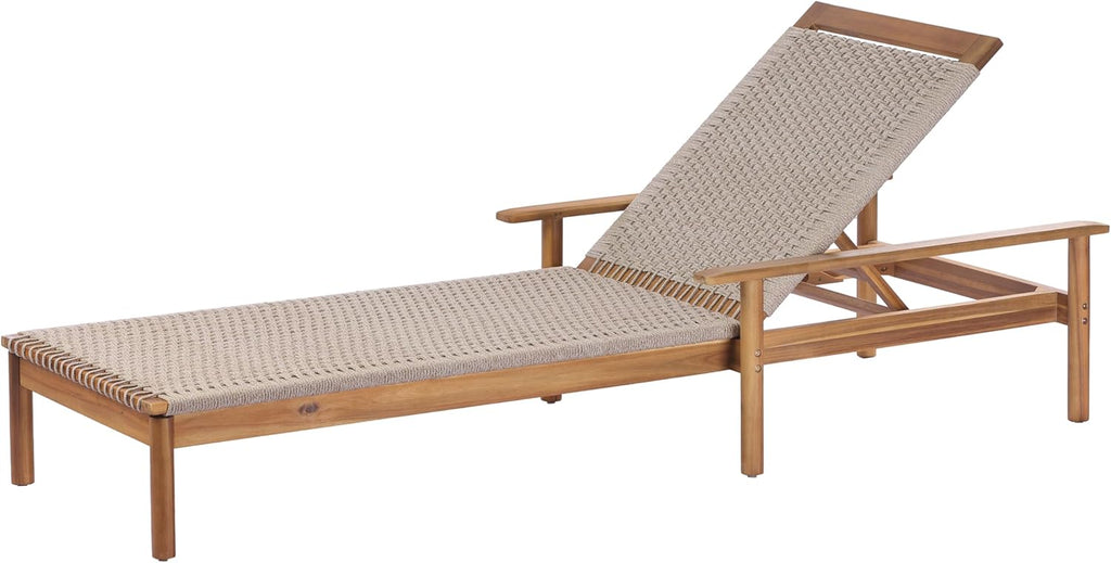 Acacia Wood Chaise Lounge Chair Outdoor, Poolside Sun Lounger Recliner with Woven Rope Seat, Patio Outdoor