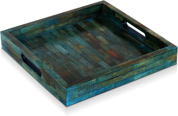 Verdigris Covered Inspired Decorative Tray - 12x12 Ottoman Tray, Multipurpose Bone Inlay Serving Tray Dining