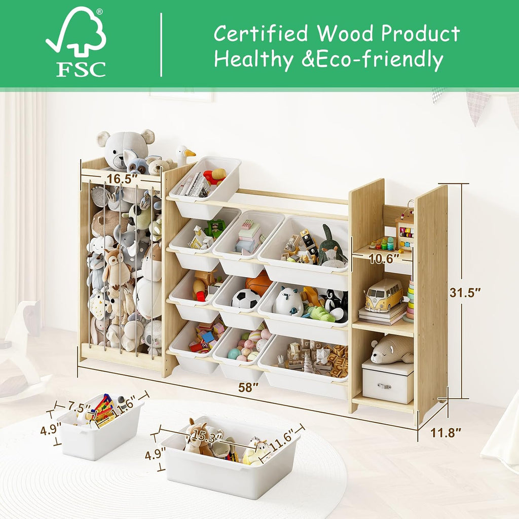 3-in-1 Toy Storage Organizer, Stuffed Animal Holder & 3-Tier Bookcase, Solid Wood Toy Organizer with 12 Storage Bins