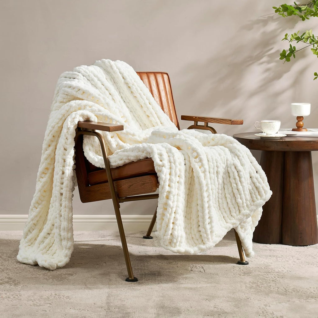 Chunky Knit Throw Blanket, Soft Chenille Handmade Crochet Throw Rope Knit Blanket, 40"x50", Ivory
