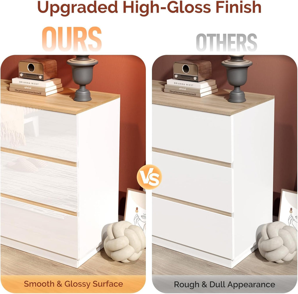 White Dresser High Gloss Chest of Drawers, 6 Drawer Dresser , Modern Dressers Wood, Brown Top, 47.2" W x 15.75" D x