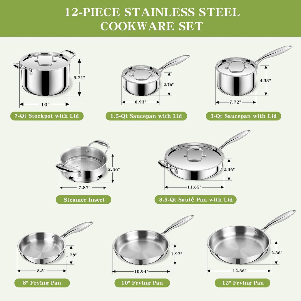 Triple Ply Stainless Steel Pots and Pans Set, 12 Piece Induction Cookware Set, Oven Dishwasher Safe | Frying Pans