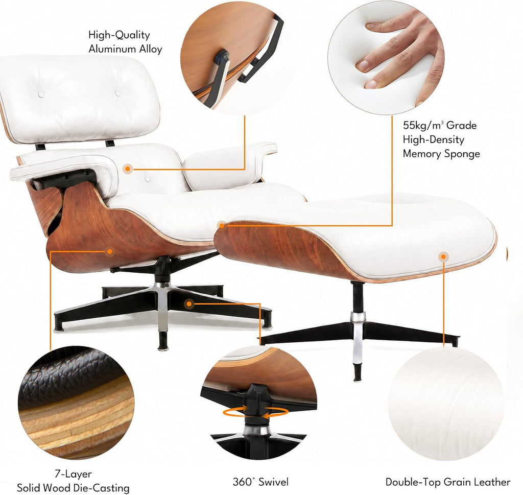 Modern Chaise Lounge Chair and Ottoman — White Leather