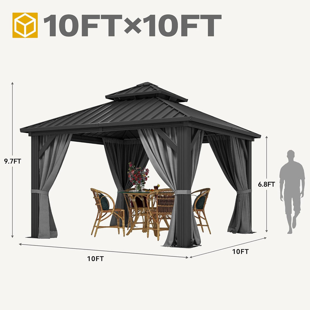 10x10ft Hardtop Gazebo Double Roof Hardtop with Nettings and Curtains