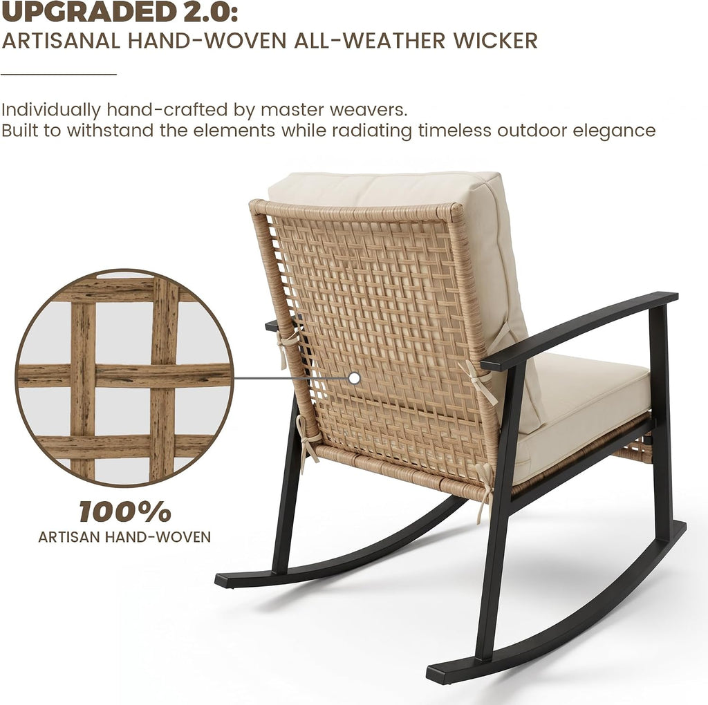 3-Piece Patio Rocking Chairs Set of 2, Rocking Chair Bistro Set [Upgraded 2.0] & 2-Tier Coffee Table, Wicker Rocking