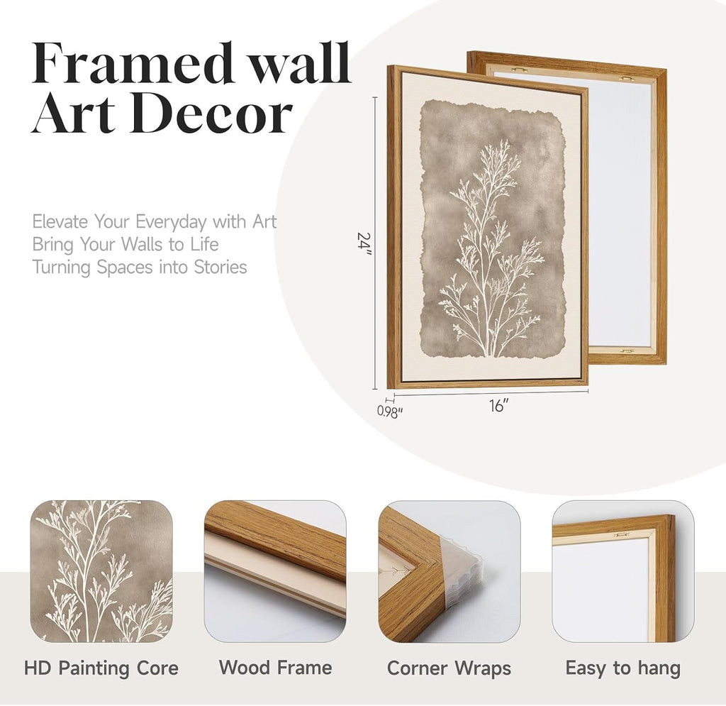 3 Piece Framed Neutral Botanical Wall Art Set, Large Farmhouse Floral Canvas Prints Paintings, Minimalist Wildflower