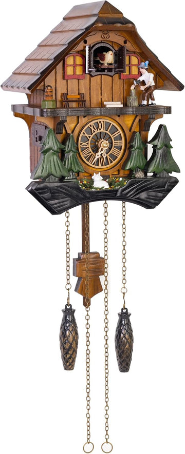 Cuckoo Clock, Black Forest Style Wooden Pendulum Quartz Wall Clock, Volume Control, Night Silent, Gift Package, Professional Service