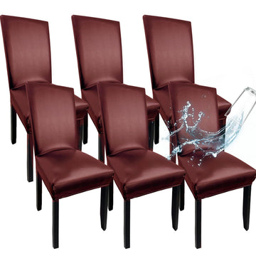 Wine Red Leather Chair Covers for Dining Chairs Set of 6, Faux Leather Dining Chair Cover Removable Wipeable Parson