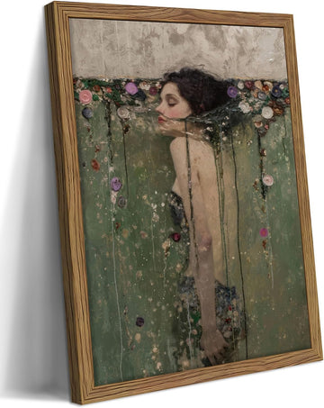 Vintage Woman Wall Art, Dark Academia Woman in Water Canvas Wall Decor Painting, Victorian Goth Floral Artwork Prints
