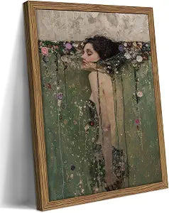Vintage Woman Wall Art, Dark Academia Woman in Water Canvas Wall Decor Painting, Victorian Goth Floral Artwork Prints