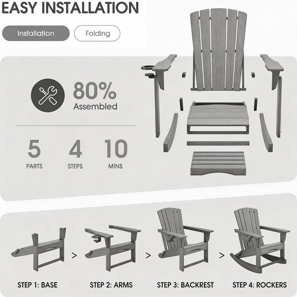 Adirondack Rocking Chair with Retractable Ottoman,Outdoor Folding Adirondack Chair with Cup Holder,HDPE All-Weather