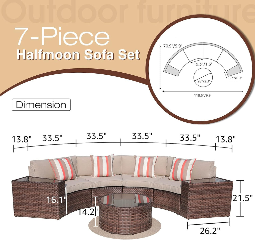 7-Piece Modular Outdoor Curved Sectional Patio Conversation Set | with Round Coffee Table, Side Tables, Waterproof