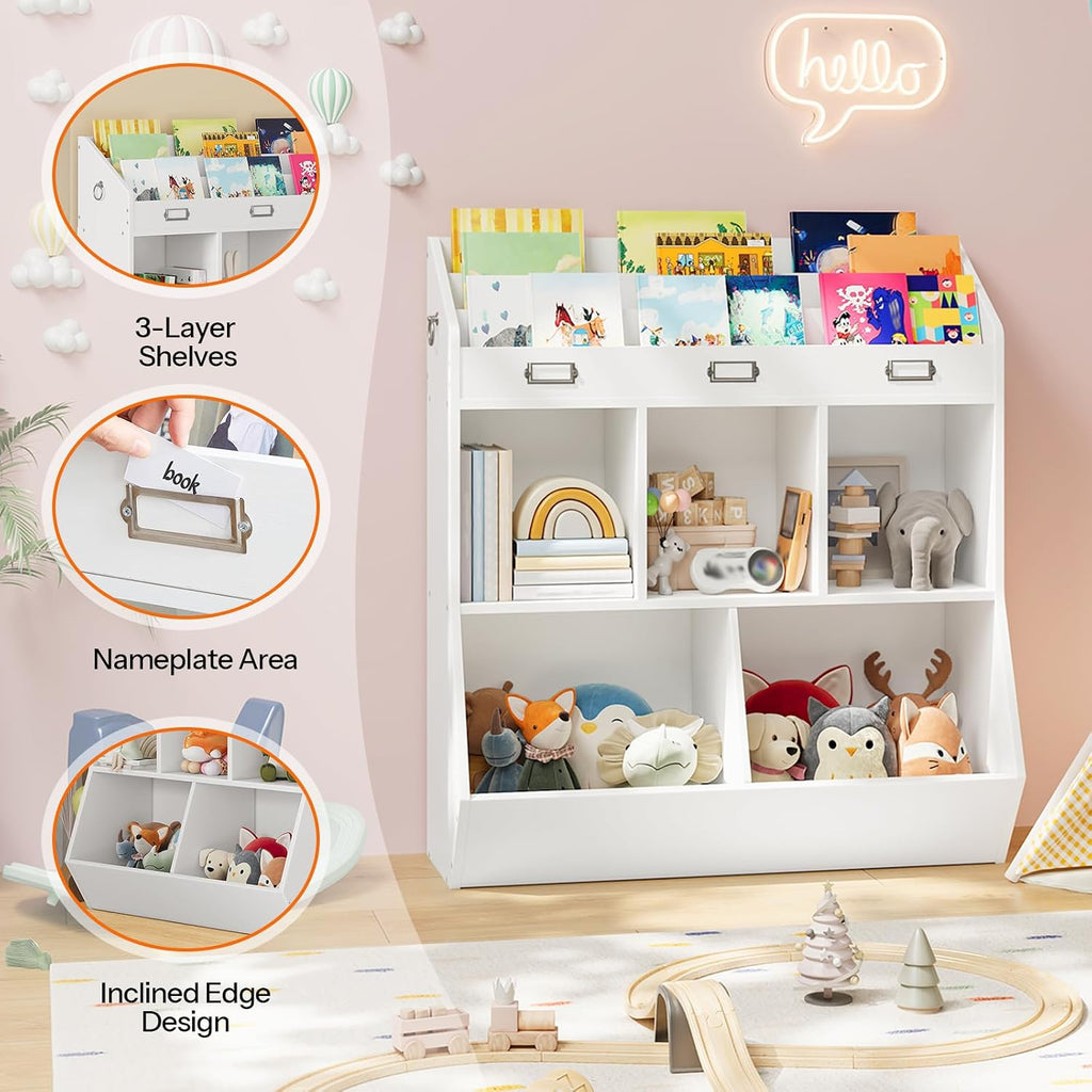 Kids Bookshelf and Toy Storage Organizer, 3 Tier Toddler Bookshelf and 5 Toy Storage Cubbies, Bookshelf for Kids