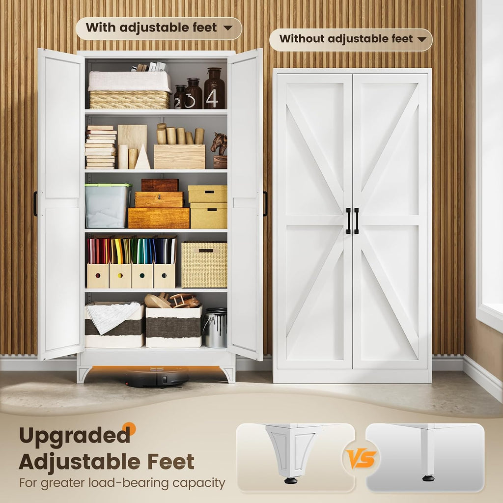 Metal Storage Cabinet with Doors and 4 Adjustable Shelves - 75" White Kitchen Pantry Storage,4-Tier Tall Steel