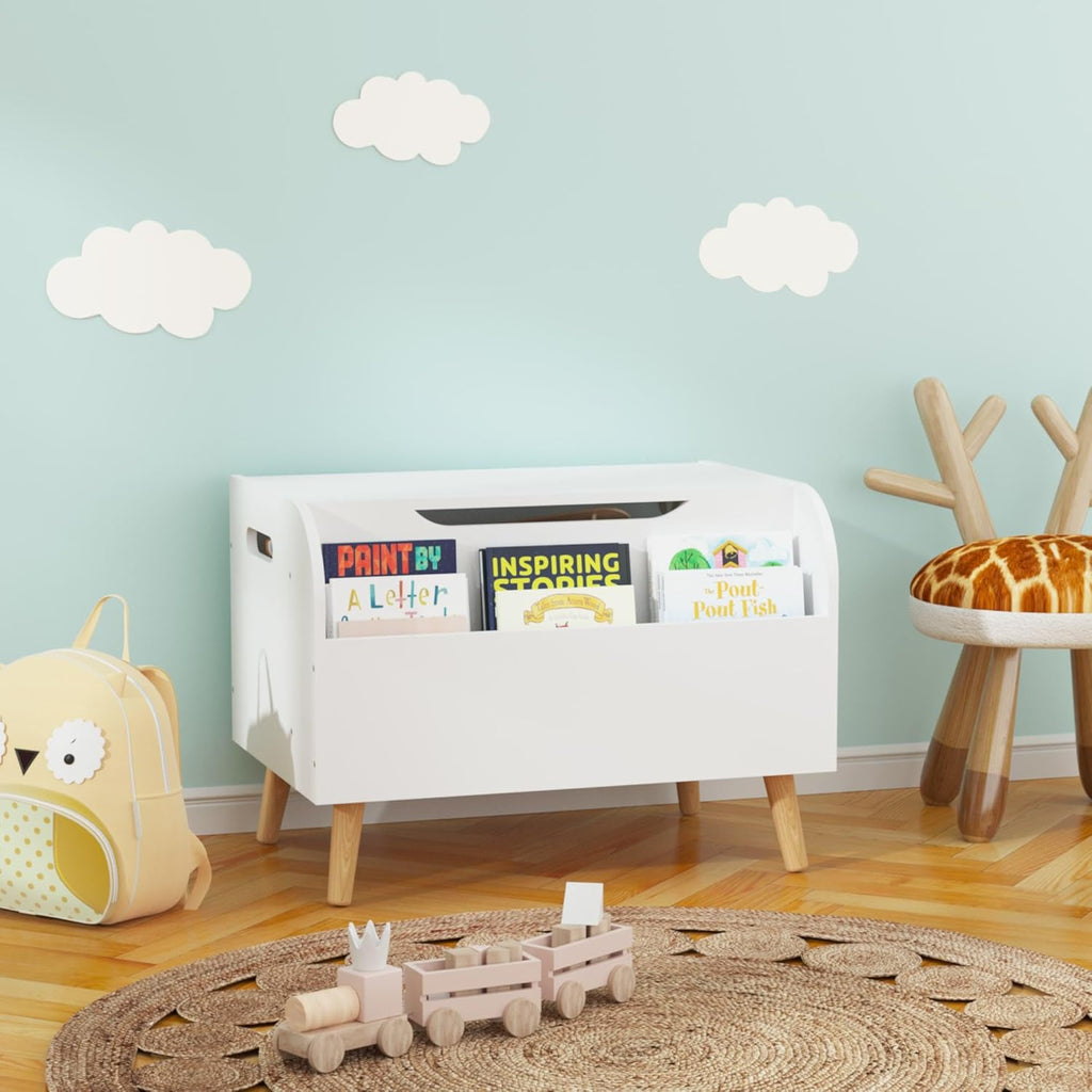 Large Toy Box Storage with 4 Wood Legs, Kids Toy Organizer with Front Bookshelf, Flip-Top Lid, Safety Hinge, Wooden