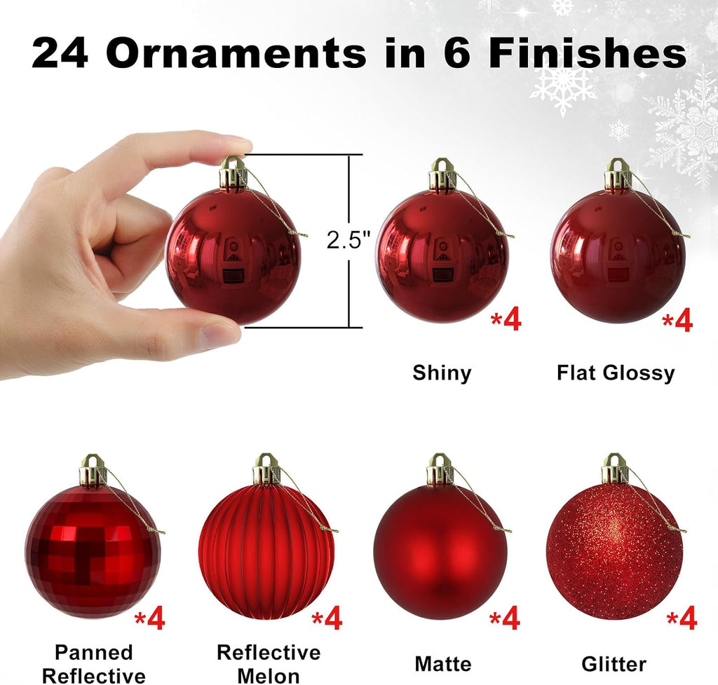 Rose Red 2.5" Christmas Balls Christmas Tree Decoration Ornaments Shatterproof Hanging Balls for Birthday Halloween - Set of 24