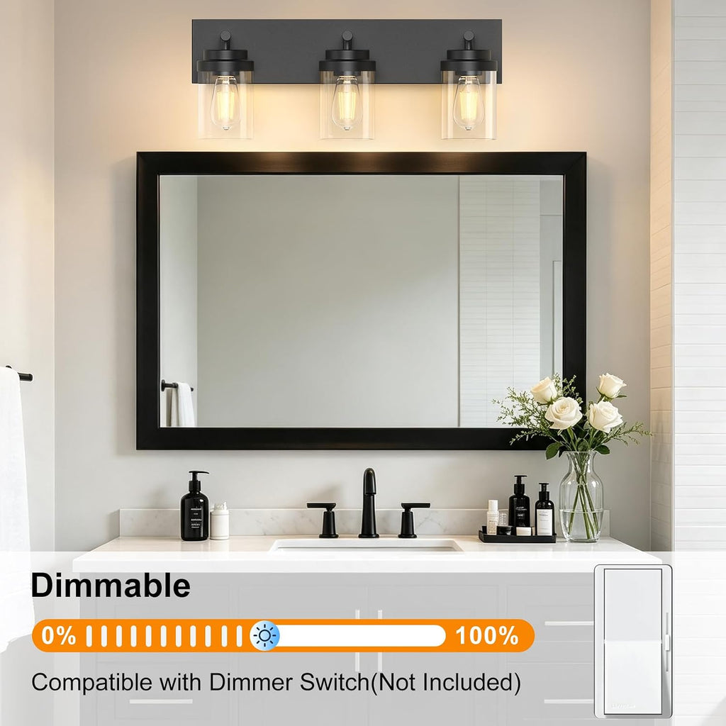 Bathroom Vanity Light Fixture, 3-Light 22 Inch Matte Black Bathroom Light Fixtures Over Mirror, with Clear Glass