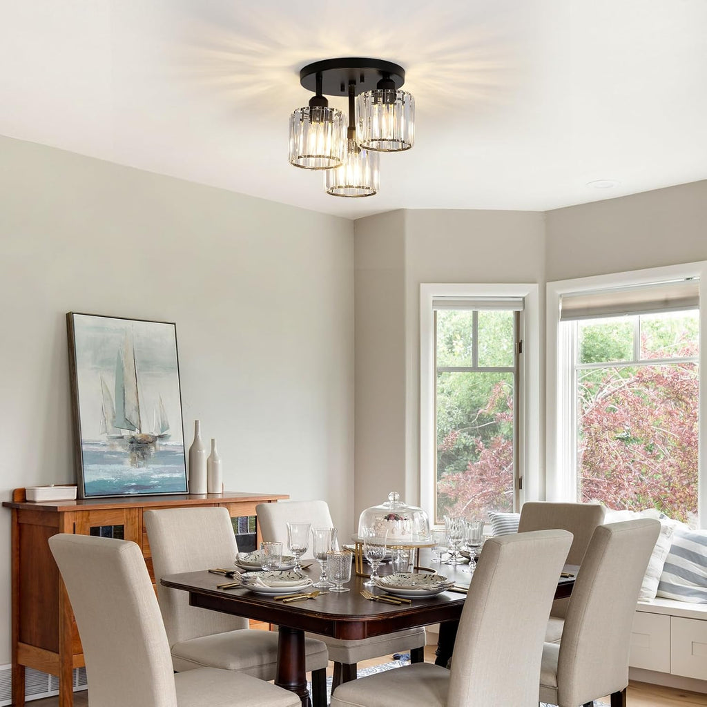 Crystal Semi Flush Mount Ceiling Light,3-Light Modern Close to Ceiling Light Fixtures,Black Kitchen Light Fixtures